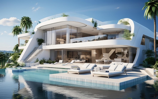 Современная роскошная вилла 3d-рендеринг архитектурного проекта недвижимости с бассейном