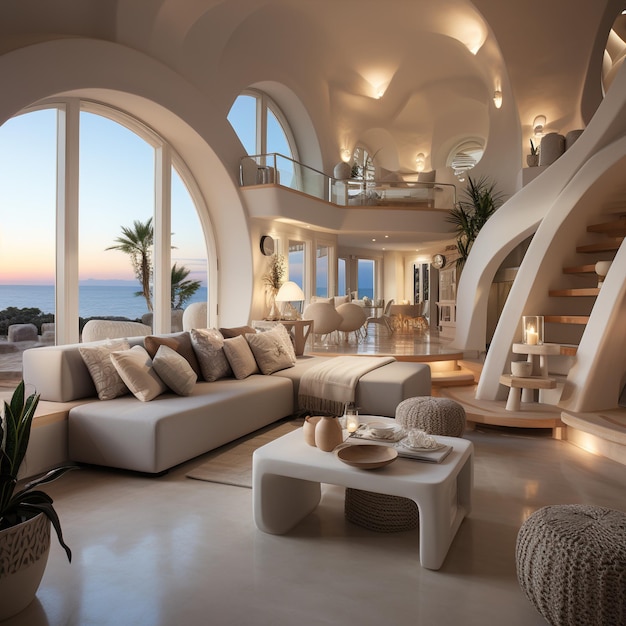 Modern luxury villa interior with ocean view