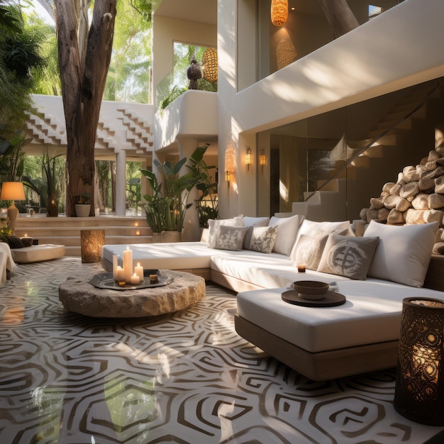 Modern luxury villa living room with natural elements