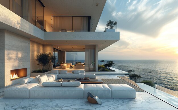 Foto moderna villa di lusso con vista sul mare rendering 3d fotorealistico