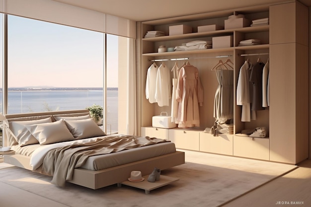 Modern Luxury Walk in Closet with Ample Storage in Sunlit Bedroom Ai Generated