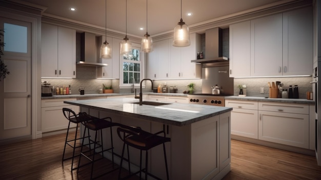 Modern luxury white classic kitchen large kitchen island with quartz stone countertop and bar stools