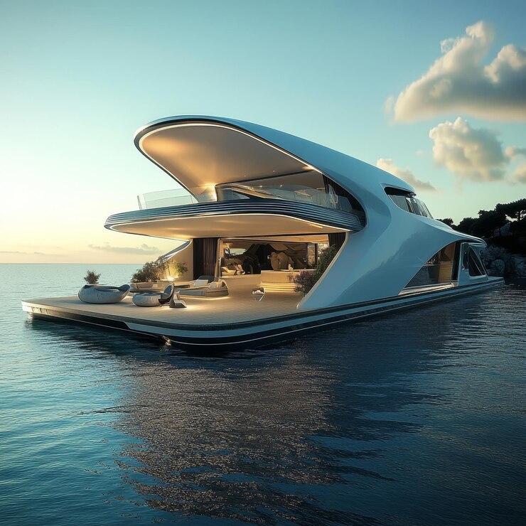 Photo modern luxury yacht in the sea at sunset 3d rendering