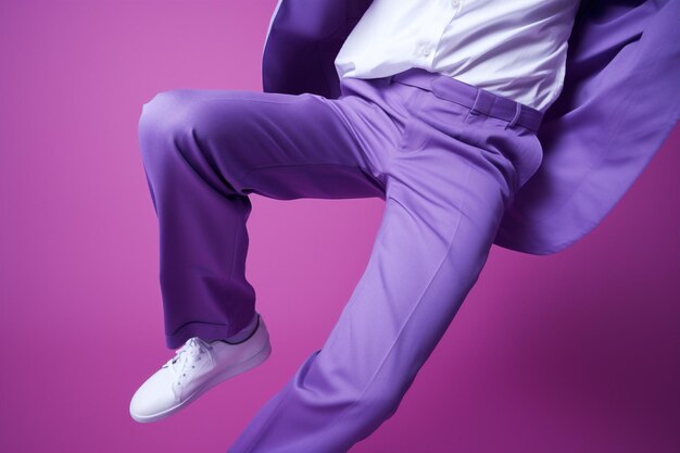 Modern man motion lifestyle background trendy style pose jumper white jump fashion casual violet action