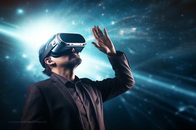 Photo modern man using vr glasses with futuristic augumented software