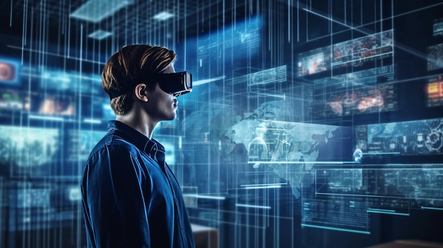 Modern man wearing vr glasses virtual screen