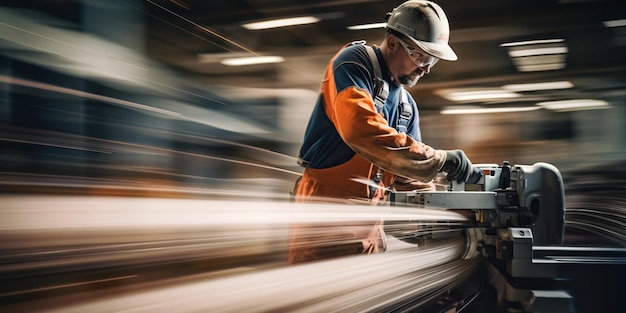 Modern manufacture of big machines closeup worker motion blur in action