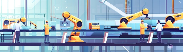 ロボットアームを備えた現代的な製造施設で自動化された生産ラインと高度な t を展示しています