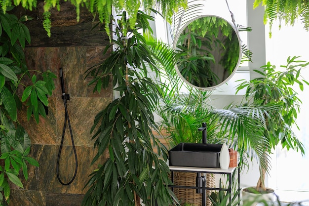 Modern marble bathroom decorated with green plants wicker decor elements mirror and body care