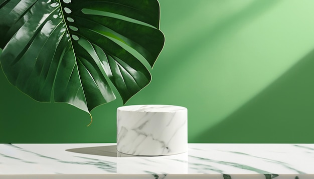 modern marble podium with tropical monstera product backdrop