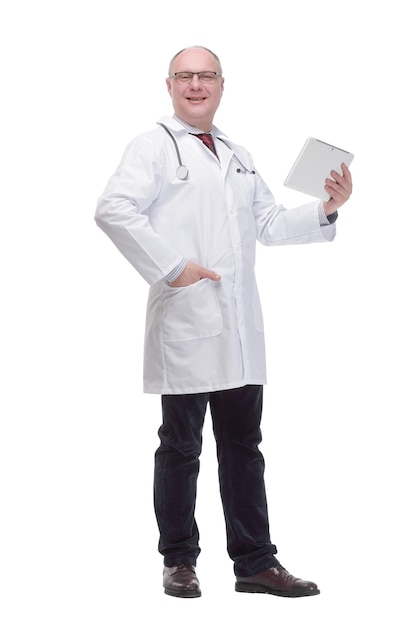 Modern mature doctor with a digital tablet