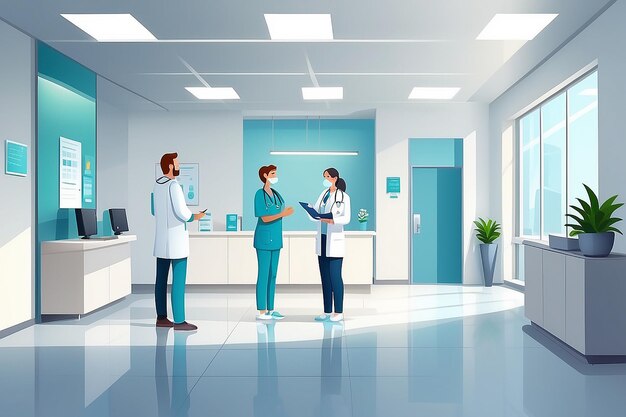 Modern medical clinic Patient talking to doctor in hallway hospital Therapist or nurse consultation Medical staff at reception hall interior of medical institution Vector character illustration