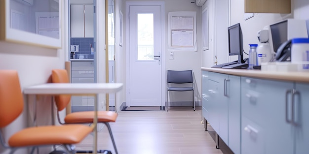 Foto interni moderni di uffici medici con attrezzature, design pulito e minimalista, assistenza sanitaria e concetto medico, spazio luminoso e arioso.