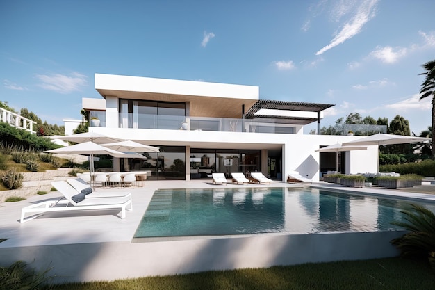 Modern mediterranean house with infinity pool and outdoor lounge area created with generative ai