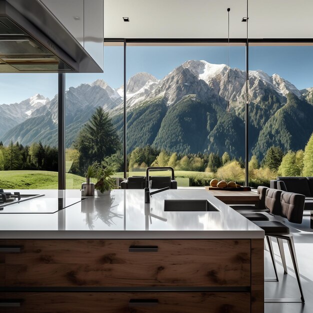 Modern medium kitchen with mountain seen