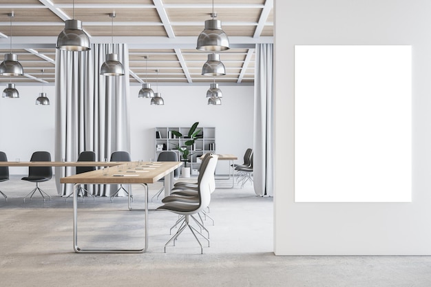 Modern meeting room interior with blank mock up poster on wall curtain partitions furniture and equipment 3D Rendering