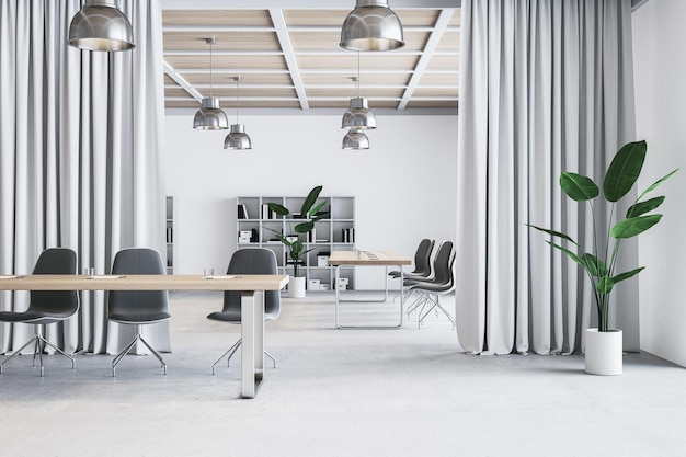 Modern meeting room interior with curtain partitions furniture and equipment 3D Rendering