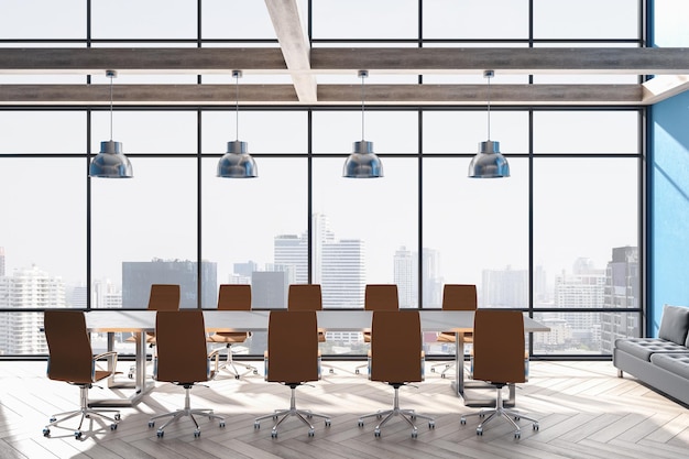 Современный интерьер конференц-зала с панорамным видом на город мебели
