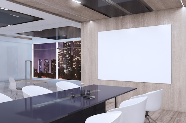 Modern meeting room interior with furniture window with night\
city view and empty white mock up poster on wall wooden and\
concrete walls and floor 3d rendering