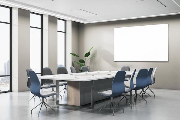 Modern meeting room interior with panoramic window and city view empty white mock up banner furniture and plants 3D Rendering