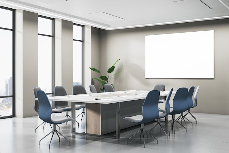Photo modern meeting room interior with panoramic window and city view empty white mock up banner furniture and plants 3d rendering