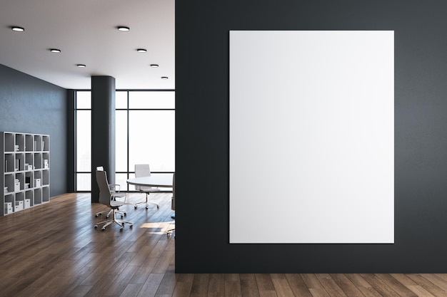 Modern meeting room with blank poster on gray wall