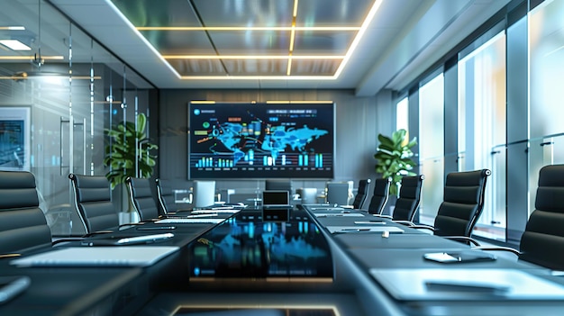 테이블 에 노트북 이 있고 디지털 스크린 에 프레젠테이션 슬라이드 가 표시 되어 있는 현대적 인 회의실