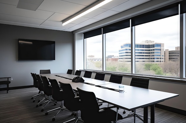 Современный конференц-зал с изящными мебельными окнами и экраном для проектора, созданным с помощью генеративного искусственного интеллекта.
