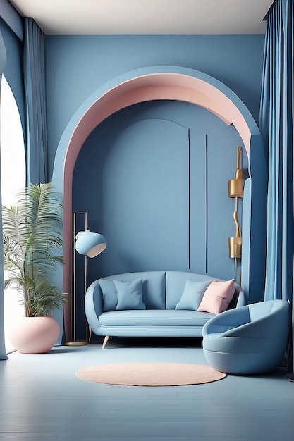 Photo modern memphis interior with blue wall and blue curtain behide arch 3d rendering
