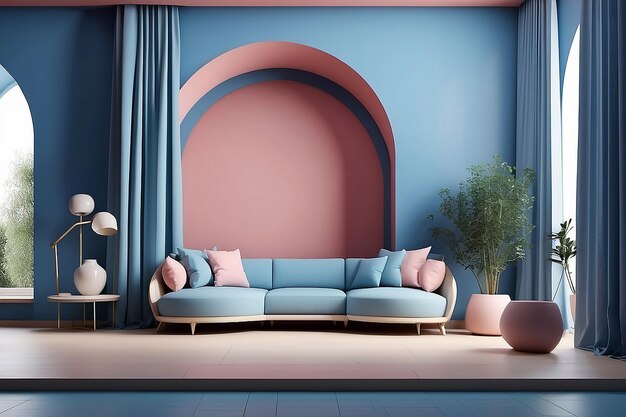 Photo modern memphis interior with blue wall and blue curtain behide arch 3d rendering