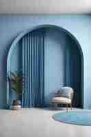 Photo modern memphis interior with blue wall and blue curtain behide arch 3d rendering