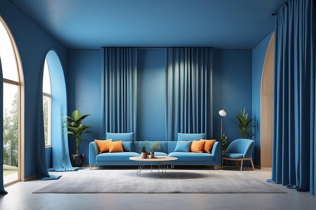 Modern memphis interior with blue wall and blue curtain behide arch 3d rendering