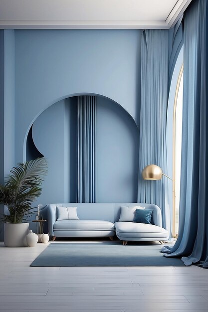 Photo modern memphis interior with blue wall and blue curtain behide arch 3d rendering