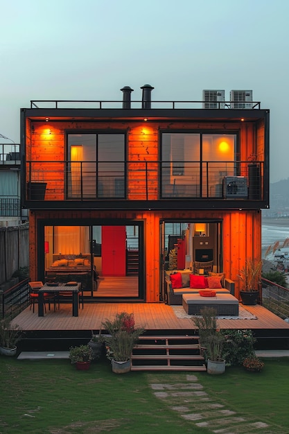 A modern metal building made of shipping containers