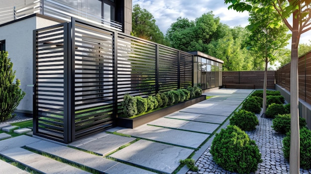 Modern metal fence for fencing the yard area and gardens