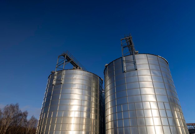 Modern metal silo of large size a silo at an agricultural enterprise for storing grain and other products