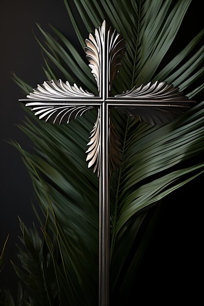 Foto modern metalen heilig kruis en bewaarde palmbladeren decorati cross palmzondag foto christelijke kunst