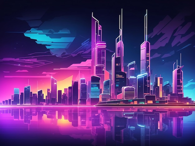 Modern metropolis night landscape in fluorescent neon skyscrapers buildings on city background