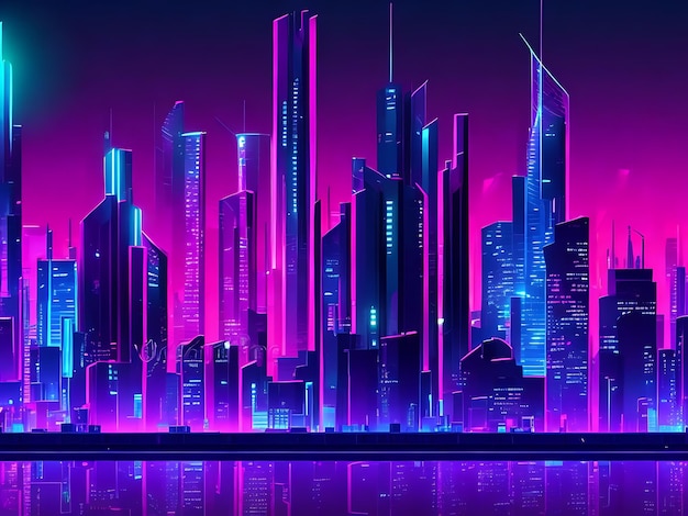 Photo modern metropolis night landscape in fluorescent neon skyscrapers buildings on city background