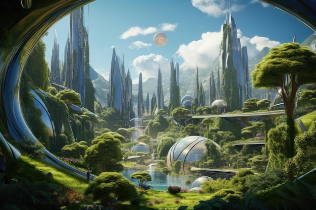 A modern metropolis seamlessly blending futuristic architecture with a thriving natural landscape A futuristic cityscape with hightech buildings amidst lush greenery AI Generated