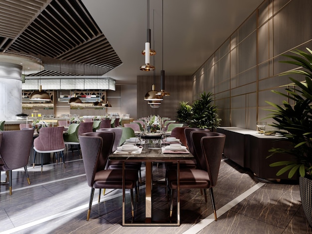 Modern meubilair in het restaurant met tafels en gekleurde stoelen met groen