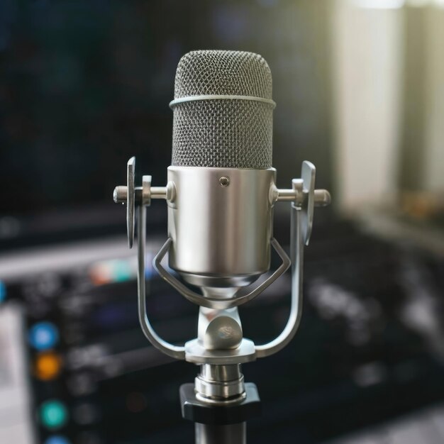 modern microphone Audio recording and podcasting concept