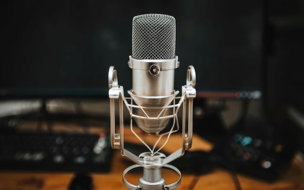 modern microphone Audio recording and podcasting concept