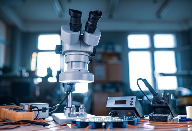 Modern microscope, connectors component and large green microcircuit in workshop laboratory