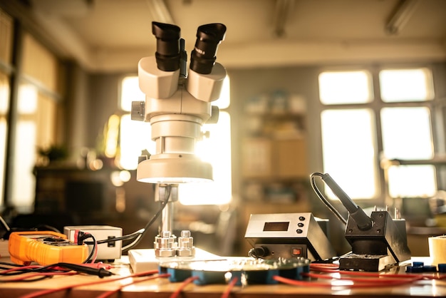 Modern microscope, connectors component and large green microcircuit in workshop laboratory