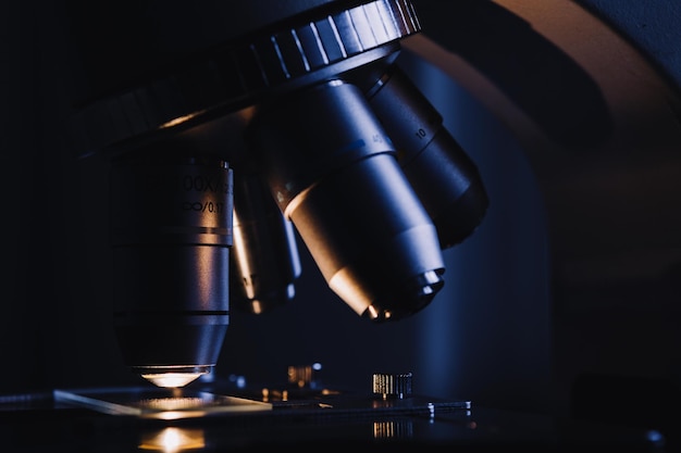 Modern microscope in the laboratory Closeup shot