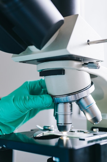 Modern microscope in the laboratory Closeup shot