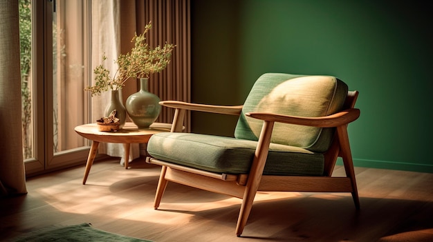 Modern mid century green living room with wooden armchair Generative AI