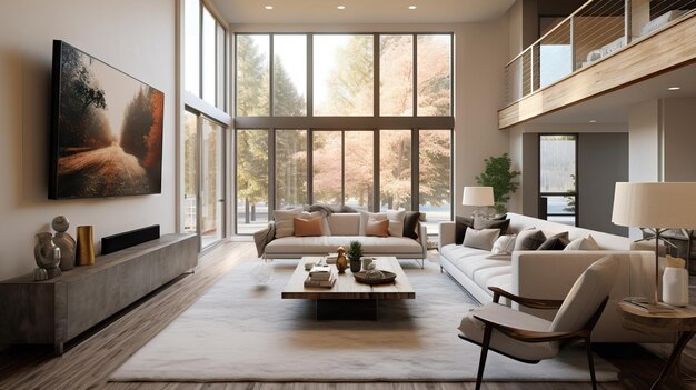 Modern mid century living room interior An elegant and luxurious living room with a comfortable