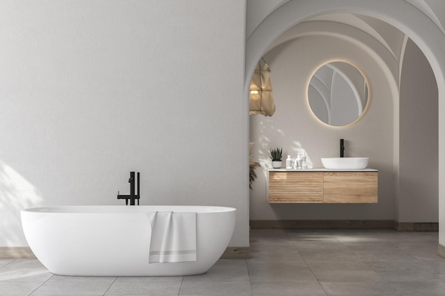 Moderna metà del secolo e bagno minimalista interno vasca da bagno bianco arredamento concetto moderno bagno in legno mobiletto appeso sul muro bianco pavimento in cemento bagno accogliente 3d rendering